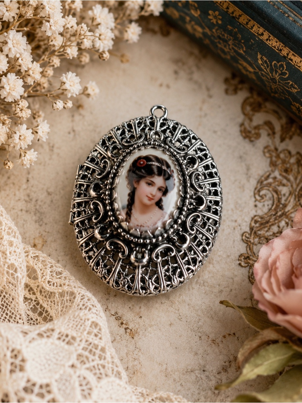 Vintage-Inspired Oval Portrait Locket Pendant in Silver Tone